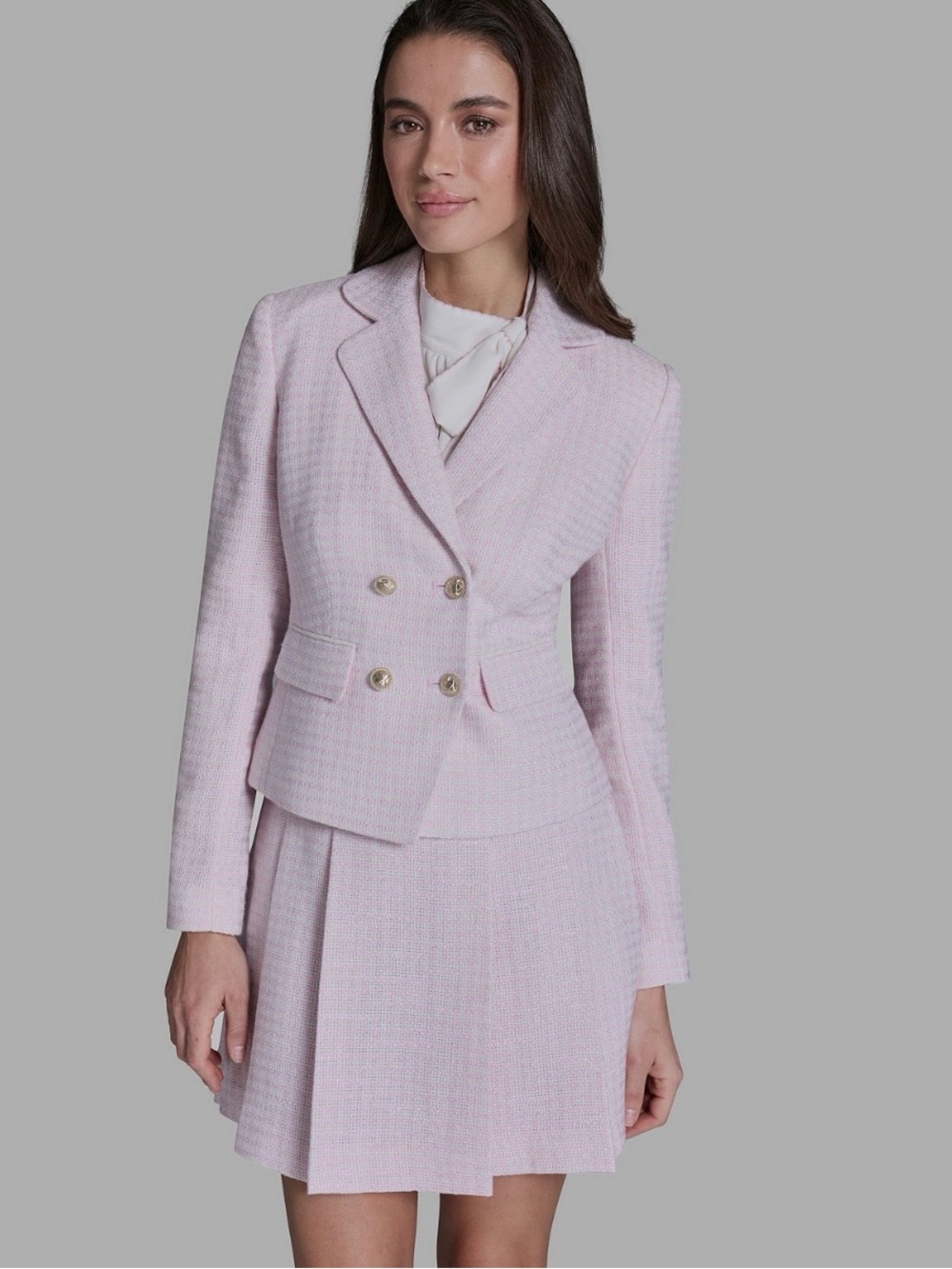 BCBG Light Pink Double-Breasted Tweed Blazer